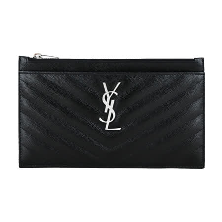YSL MONOGRAM V字縫線魚子醬牛皮大手拿包(黑/銀)