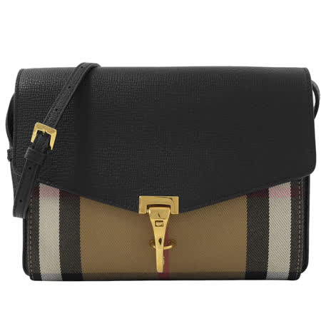 BURBERRY 39808251 HOUSE 格紋棉麻環釦斜背包.駝黑