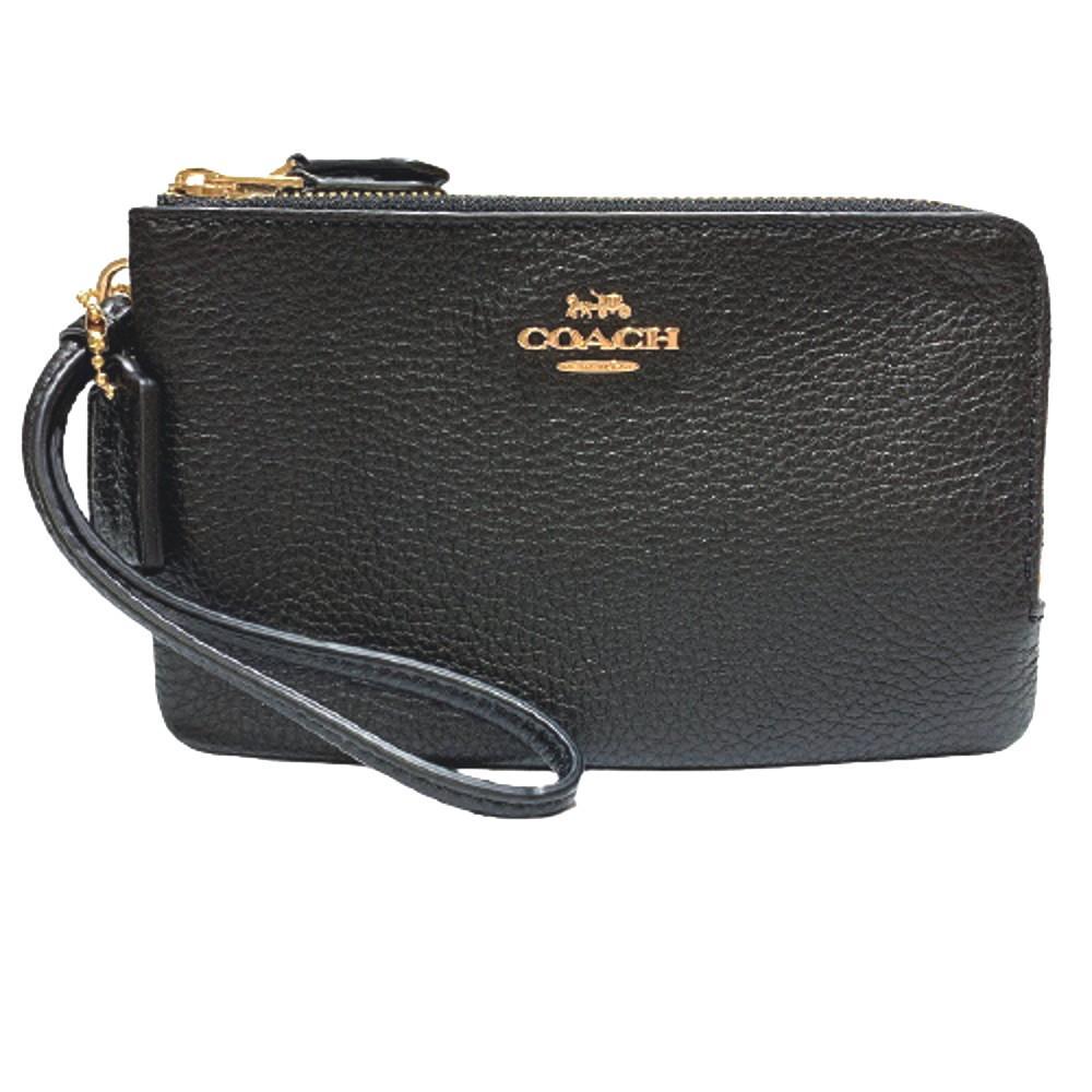 COACH 新品金屬馬車黑色荔枝皮革雙層手拿包(小)-附禮盒