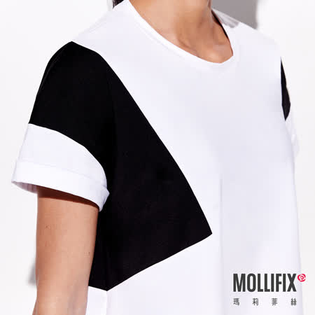 MOLLIFIX 瑪莉菲絲 撞色拼接短袖上衣(白+黑)