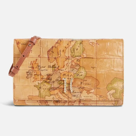 Alviero Martini 義大利地圖包 地圖鱷魚壓紋牛皮手拿側揹兩用包-地圖黃