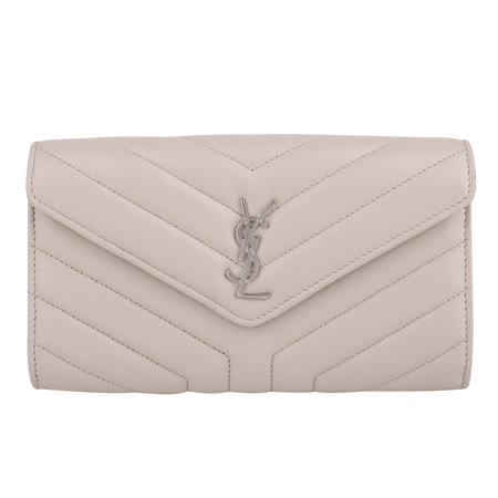 YSL- YSL 銀字山形紋皮革釦式長夾(淺灰米色)