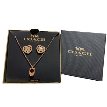 COACH 玫瑰金色經典C晶鑽項鍊+愛心耳環組- 附原廠禮盒，提袋- 853947