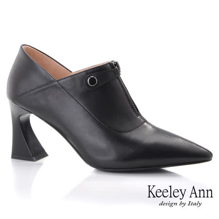 Keeley Ann經典素面 V口羊皮前拉鍊粗跟包鞋(黑色175567210-Ann系列)