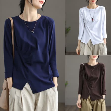 【Maya Collection】棉質圓領正面小開叉長袖T恤素色款-5色M~4XL