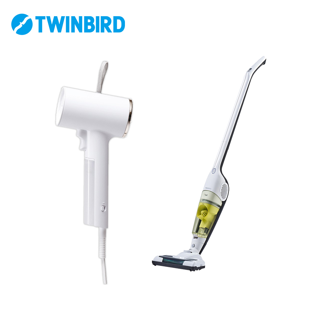 【獨家組合】日本TWINBIRD-高溫抗菌除臭 美型蒸氣掛燙機(白)TB-G006TWW+無線手持直立兩用吸塵器-白(TC-H108TWW)