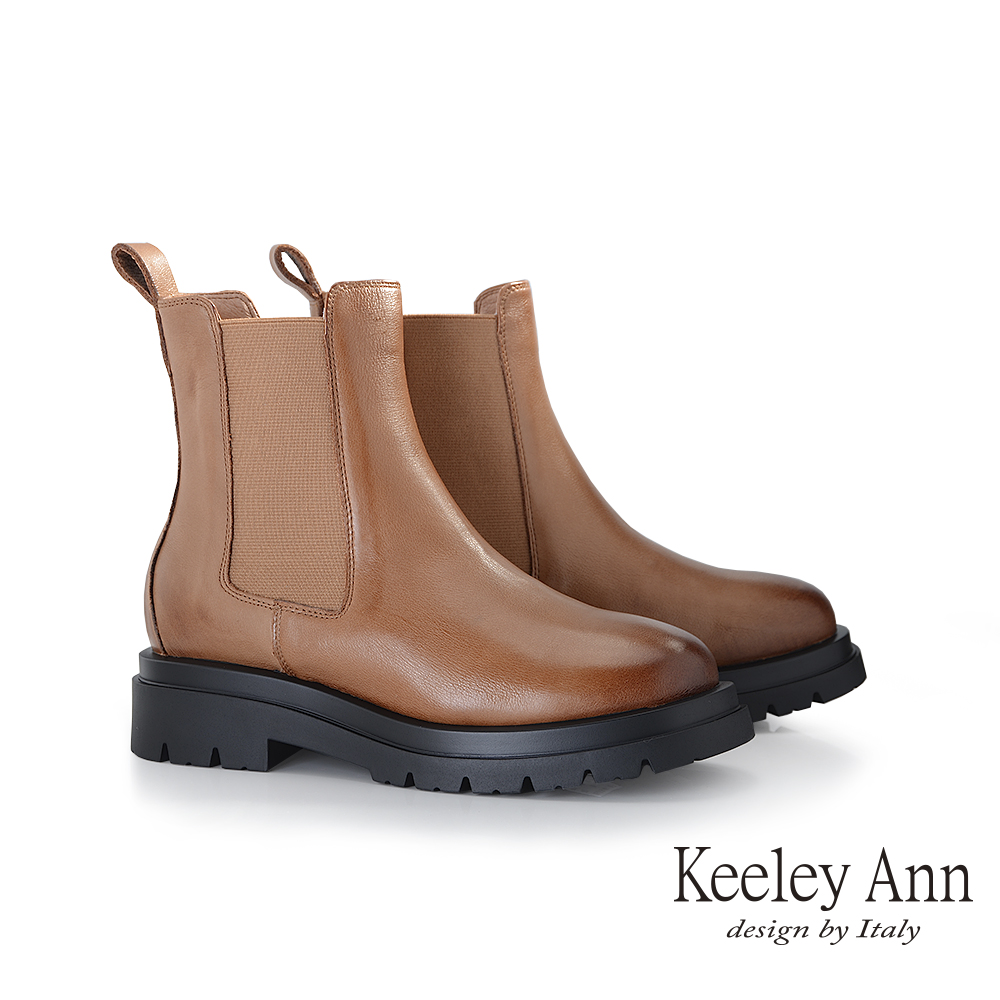 Keeley Ann髦牛皮彈力厚底切爾西靴(棕色177137425-Ann系列)
