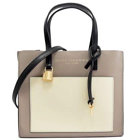 MARC JACOBS 馬克賈伯 壓印LOGO拼色牛皮兩用包.米/灰