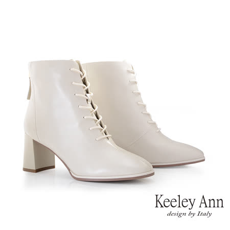 Keeley Ann綁帶後拉鍊真皮短靴(米白色177772332-Ann系列)