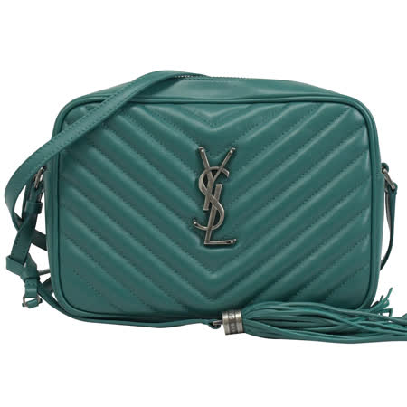YSL 574494金屬LOGO絎逢V型牛皮斜背相機包.綠