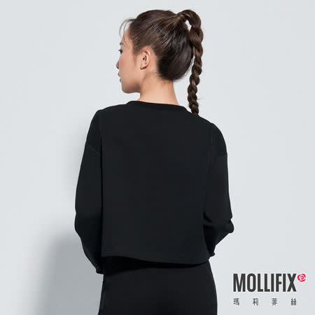 MOLLIFIX 瑪莉菲絲 圓領短版鑲邊長袖上衣 (黑)