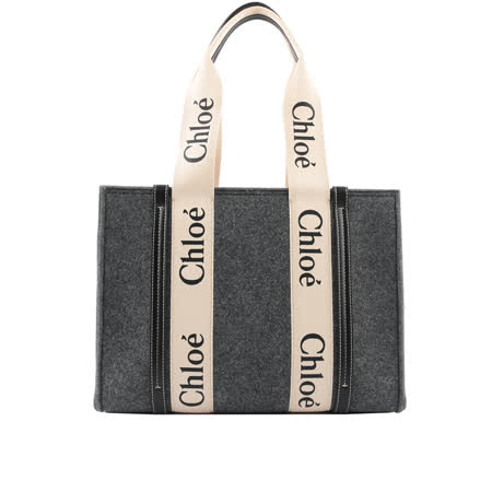 【CHLOE】Woody 毛氈拼小牛皮托特包(中款)(羊絨灰) CHC21WS383F37053