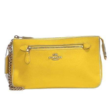 COACH 專櫃款 檸檬黃-金屬鏈條荔枝皮革肩背帶手提包/小肩背包