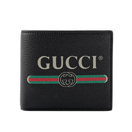 【GUCCI】Logo Print 牛皮對開零錢袋短夾(黑色) 496316 0GCAT 8163