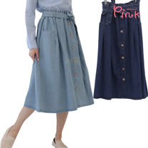 Pink*氣質鬆緊腰假排釦中長裙 (深藍色‧附綁帶 ) U4609AD