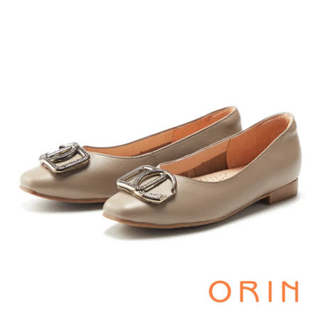 【ORIN】造型金屬水鑽真皮 女 平底鞋(可可)