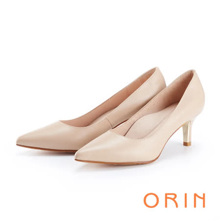 【ORIN】金屬鞋跟羊皮素面 女 中跟鞋(裸色)
