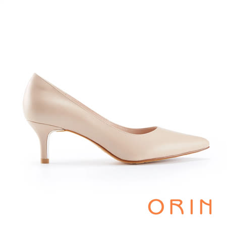 【ORIN】金屬鞋跟羊皮素面 女 中跟鞋(裸色)