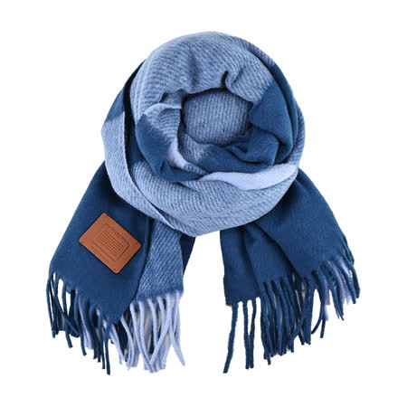 COACH 皮標LOGO格紋羊毛圍巾(灰藍X藍綠)