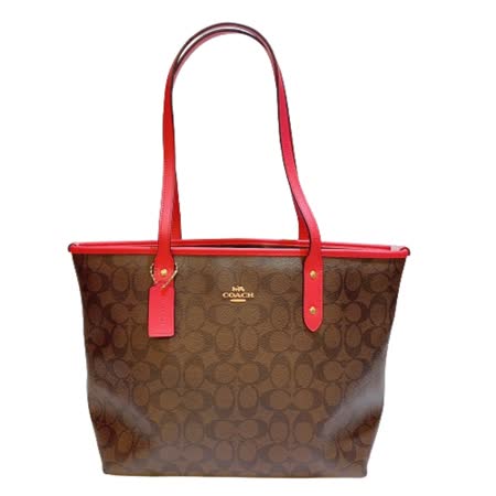 COACH 深咖啡莓紅色大容量PVC材質側肩/托特包-附提袋