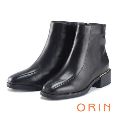 【ORIN】金屬條飾羊皮方頭粗跟 女 短靴(黑色)