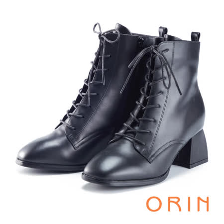 【ORIN】真皮綁帶造型粗跟 女 短靴(黑色)