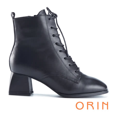 【ORIN】真皮綁帶造型粗跟 女 短靴(黑色)