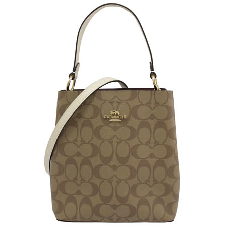 COACH 專櫃款 2312 經典馬車LOGO肩/斜兩用三層水桶包.卡其/白