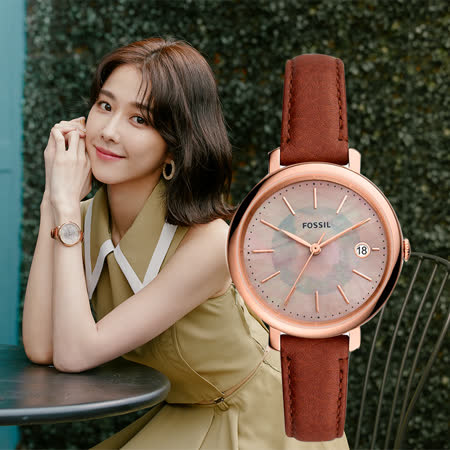 FOSSIL 邵雨薇廣告款 Jacqueline 日曆晶鑽女錶-咖啡色 ES5121