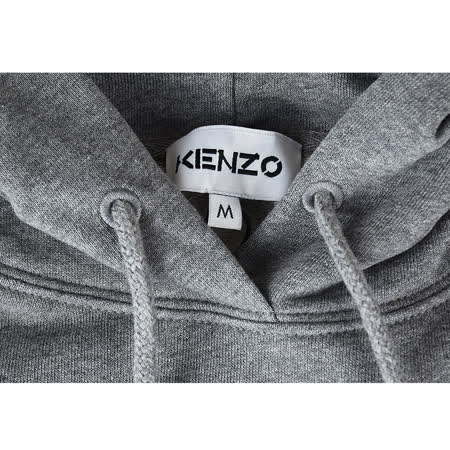 KENZO 刺繡拼布LOGO白金虎頭設計純棉長袖連帽T恤(灰)