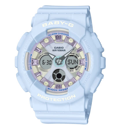 CASIO BABY-G 馬卡龍系繽紛雙顯腕錶-天藍色 BA-130WP-2A
