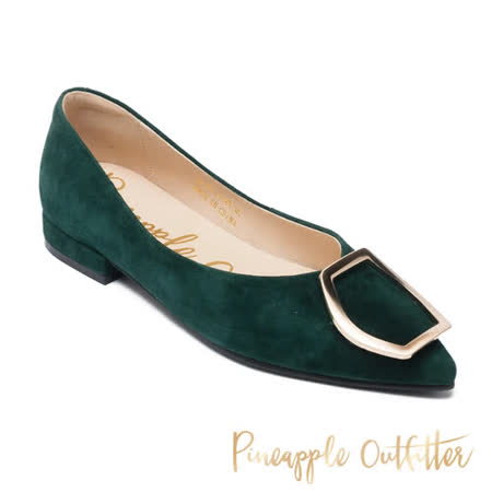 【Pineapple Outfitter】FUNDA 麂皮金釦尖頭平底鞋(墨綠色)