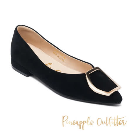 【Pineapple Outfitter】FUNDA 麂皮金釦尖頭平底鞋(黑色)