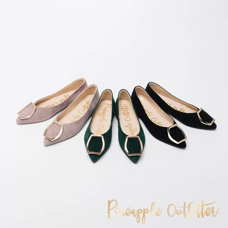 【Pineapple Outfitter】FUNDA 麂皮金釦尖頭平底鞋(黑色)