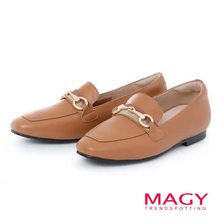 【MAGY】馬銜釦真皮平底 女 樂福鞋(棕色)