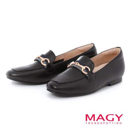 【MAGY】馬銜釦真皮平底 女 樂福鞋(黑色)