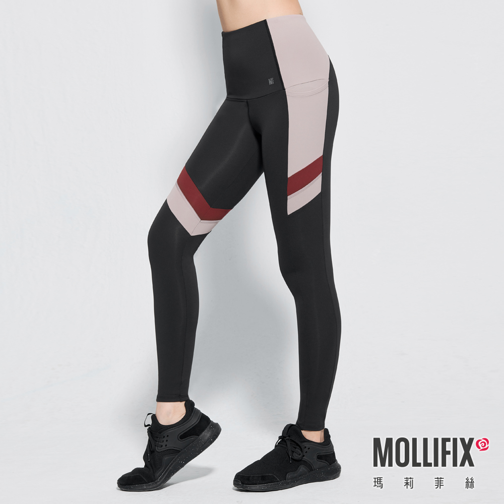 MOLLIFIX 瑪莉菲絲 高彈力不對稱斜切訓練動塑褲 (黑)