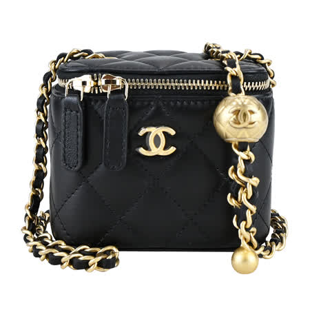 CHANEL經典金屬LOGO菱紋小羊皮金球迷你化妝/兩用包(黑色)