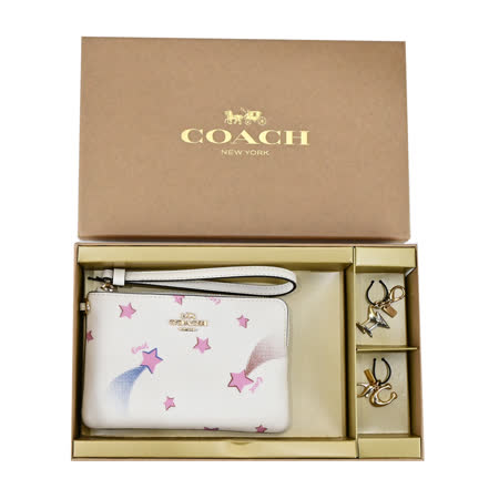 COACH 經典馬車星印花手拿包+高角杯/經典C吊飾禮盒組(白)