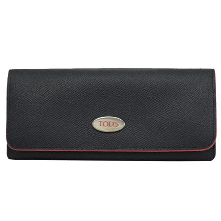 TODS 金屬LOGO小牛皮翻蓋釦式長夾.深藍/紅邊