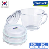 Glasslock 強化玻璃可微波泡麵碗900ml+保鮮盤800ml-三件組