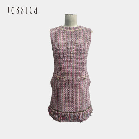 JESSICA-甜美格紋小香風流蘇裙擺無袖洋裝