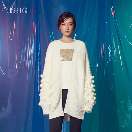 JESSICA RED-寬鬆保暖毛球造型針織毛衣外套