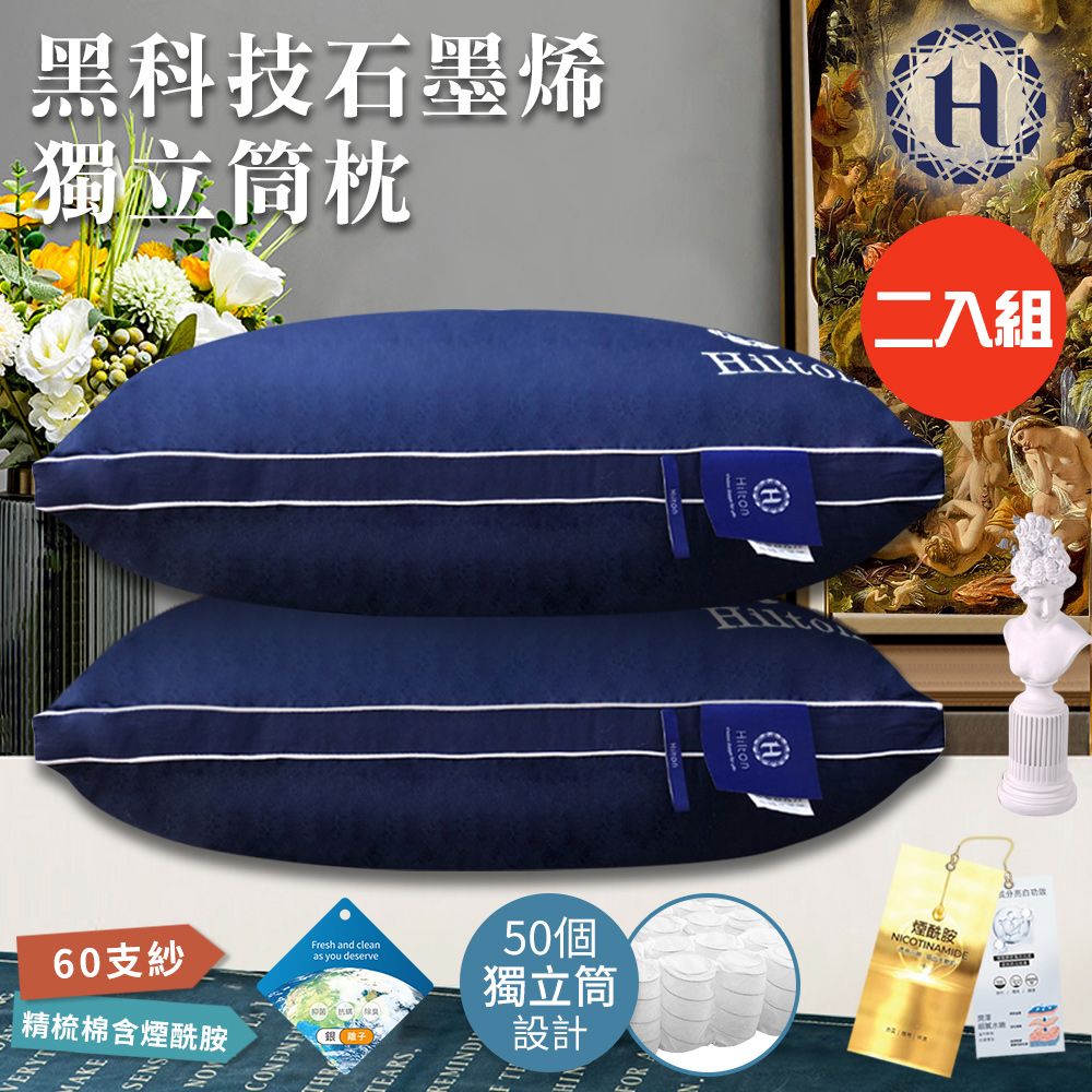 【Hilton 希爾頓】仲夏夜之夢石墨烯美容舒寧助眠可拆卸水洗獨立筒枕/買一送一(B0033-N50)