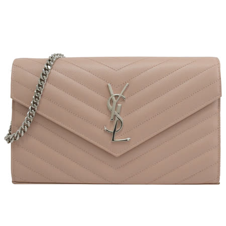 YSL 377828 MONOGRAM 粒面牛皮長夾式三用鍊包.淺粉 大