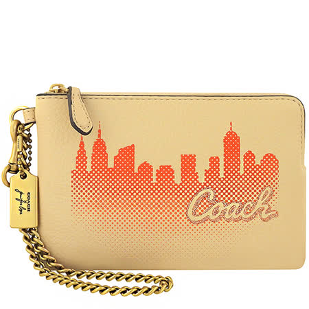 COACH X Jennifer Lopez聯名款荔枝紋皮革金屬鍊帶手拿包-奶茶色