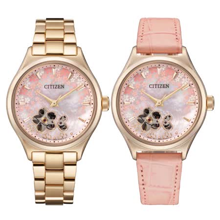 CITIZEN星辰 LADY'S系列 亞洲限定 櫻花開芯機械腕錶 / PC1019-66Y / 34mm