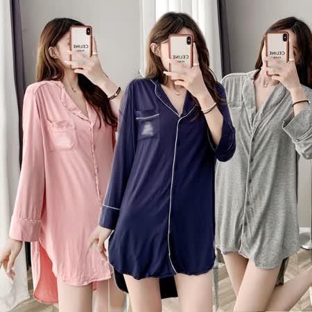 唯蜜色 寬鬆慵懶側開衩襯衫睡衣罩衫M-4XL