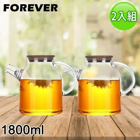 【日本FOREVER】日式竹蓋耐熱玻璃把手花茶壺1800ML-超值2入組