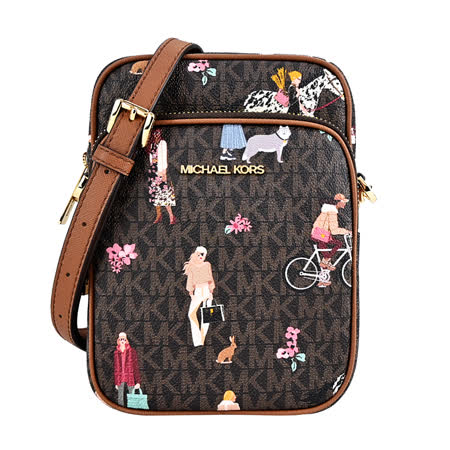 MICHAEL KORS 
滿版女郎彩繪前口袋直式斜背包-中/棕
